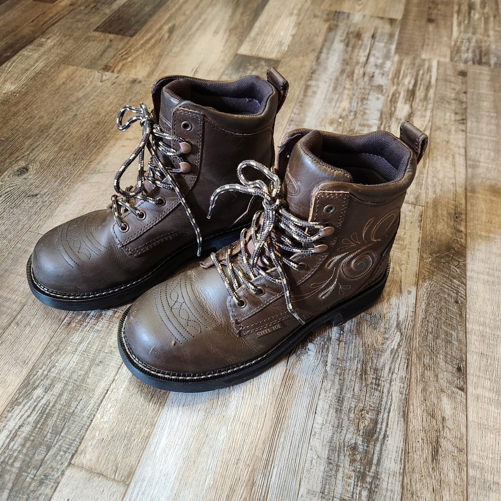 Justin Gypsy Womens 8B Brown Leather Steel Toe Waterproof Work Boots GY985